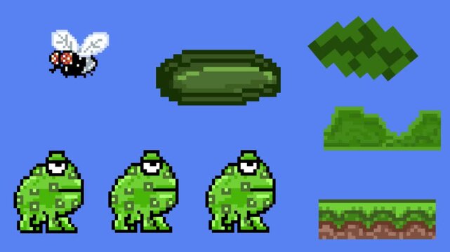 Pixel art style animation with frog, fly and plants on a blue background, art, vintage, pixel.