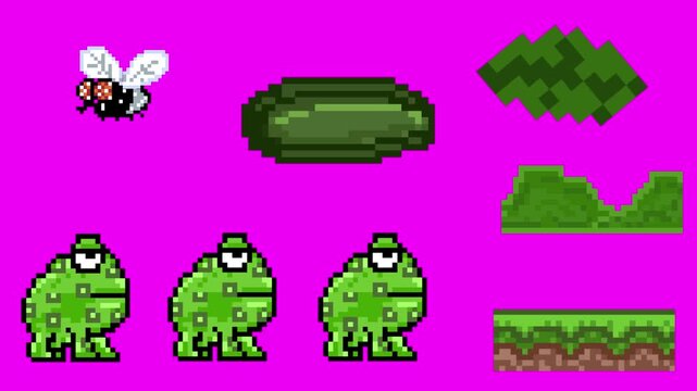 Pixel art style animation with frog, fly and plants on a red background, art, vintage, pixel.