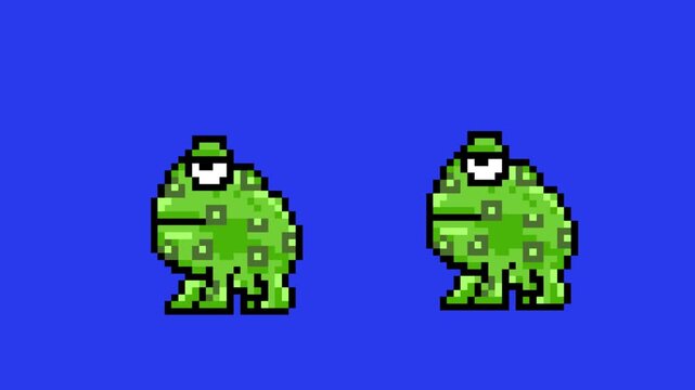 Pixel art style animation with two frogs moving on a blue background, art, vintage, pixel, 2D.