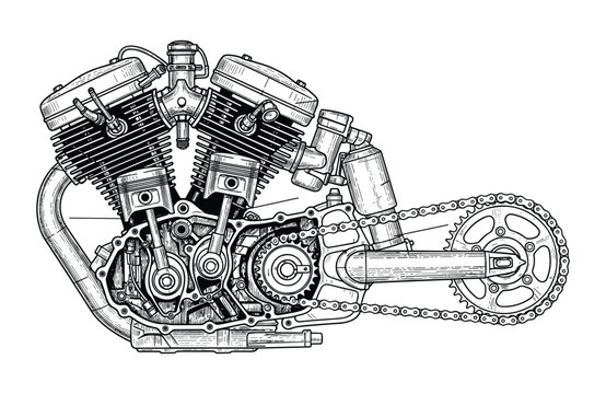 Motorcycle engine detailed black and white sketch vector illustration on transparent