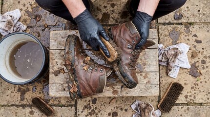 Bird's Eye View of Hands Using Brush to Clean Thick Mud from Professional Hiking Boots
