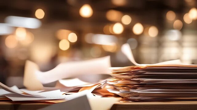 Stack of office documents scattering in a modern illuminated workspace
