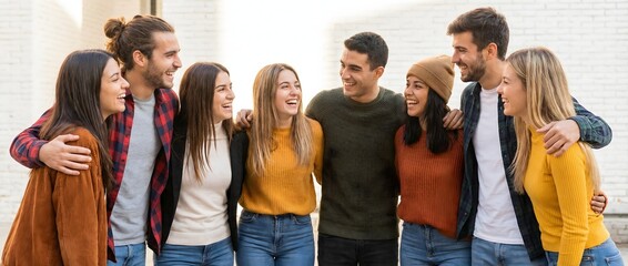 Group of Young Friends Laughing and Enjoying Each Other's Company Outdoors in Casual Attire
