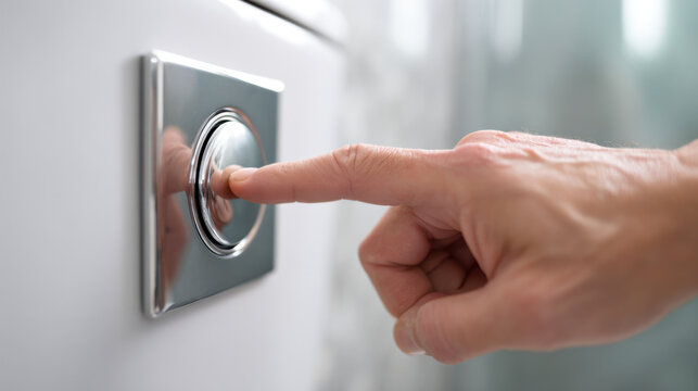 Hand pressing chrome toilet flush button for hygiene
