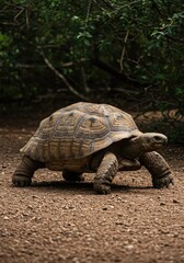 Fototapeta premium A massive reptile, a giant tortoise, slowly traversing rough terrain in a natural environment, displaying its heavy patterned shell and steady, unhurried pace ,unhurried ,head ,nature