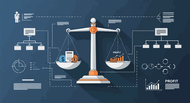 Business balance scale comparing profit and investment with charts and diagrams on dark blue background