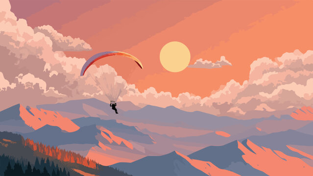 A lone paraglider soars over mountains at sunset with pastel clouds