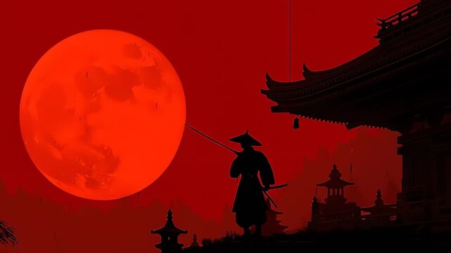 Ronin Warrior Silhouette Against Dramatic Red Sun Japan