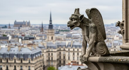 Obraz premium A weathered stone gargoyle watches over the city from a gothic architectural perch, featuring intricate medieval details ,old ,stone ,roofline