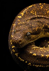 Fototapeta premium Close-up detail of smooth, colorful scales covering a large tropical serpent. Ideal for biological study and wildlife conservation imagery ,coiled ,ophidian ,biology