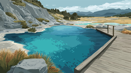 Obraz premium Turqouise water in a natural pool beside a rocky slope and wooden boardwalk