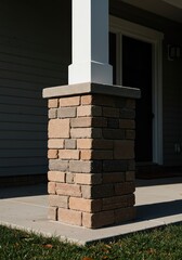 Fototapeta premium Close-up view of a robust, square masonry porch pier supporting a residential structure. Essential architectural foundation element ,vintage ,building ,construction
