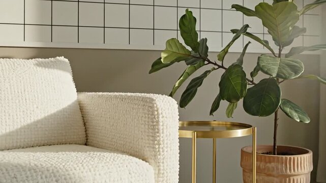 Elegant minimalist white armchair positioned in a modern corner featuring a bicolor wall and aesthetic grid graphic pattern for contemporary interior design inspiration