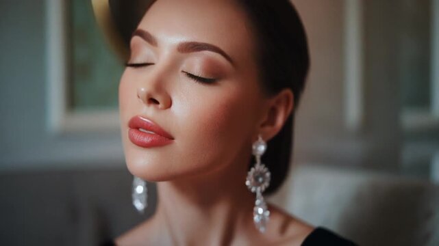 Elegant woman with closed eyes wearing luxurious earrings in a sophisticated interior background for beauty or fashion use
