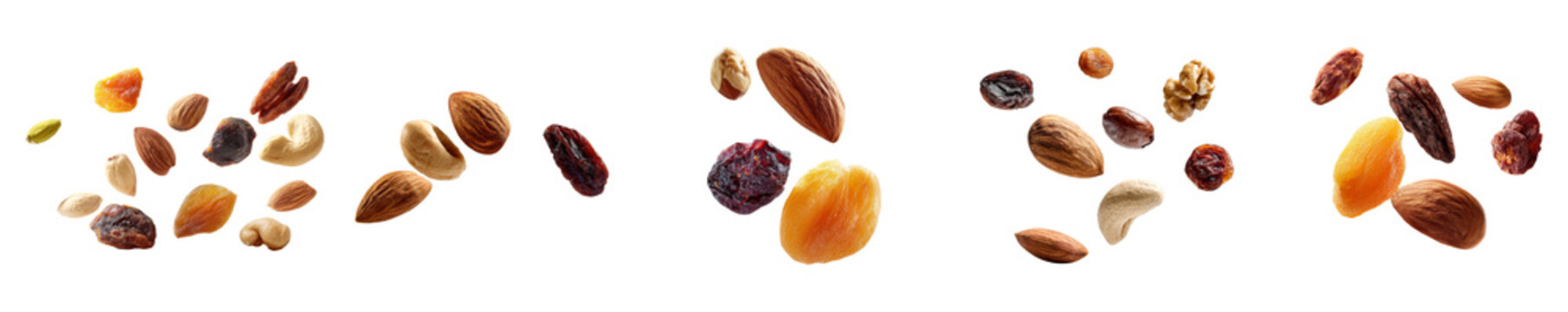 Flying mixed nuts and dried fruits isolated on transparent background
