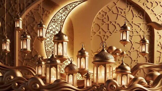 Intricately designed golden lanterns hanging from arches in a traditional setting.