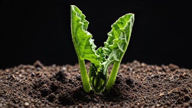 Time-lapse of a bean seed growing in the earth, developing into a young plant against a dark background.