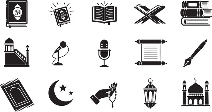 Islamic culture and ramadan religion icon collection including quran prayer mat mosque microphone and crescent moon sign