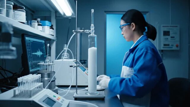 A female scientist in a blue lab coat meticulously adjusts a tall glass chromatography column, then turns to monitor the real-time separation data and waveforms displayed on a lab computer screen.