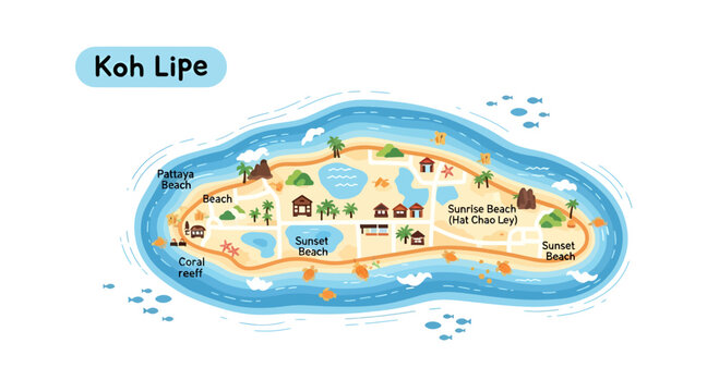 Detailed map illustration of Koh Lipe island, showcasing its pristine beaches and attractions with