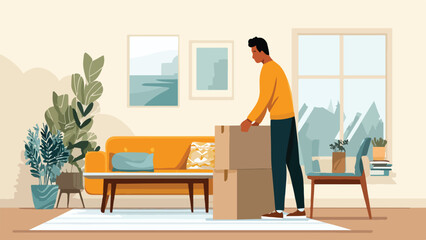 Man packing cardboard boxes in a living room with plants, sofa, and window view