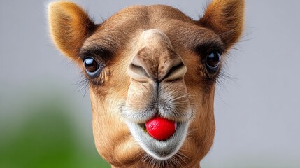Fototapeta premium A camel with a red tongue sticking out. The camel has a goofy, playful expression on its face