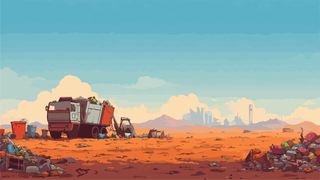 A garbage truck unloads waste in a desolate, orange-toned landscape with a distant city skyline