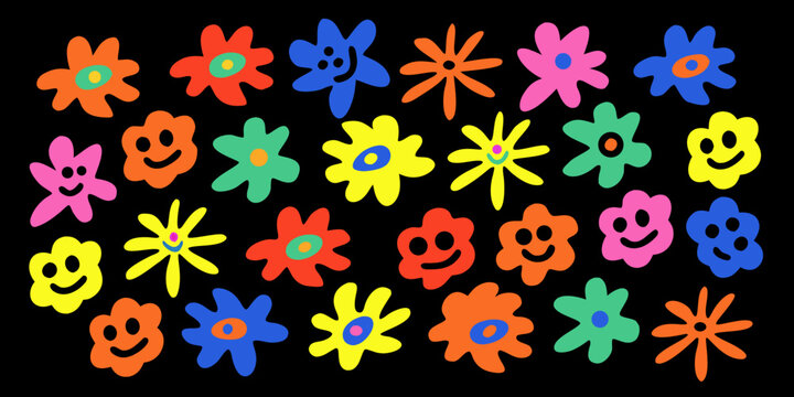 Colorful flower and smiley face pattern against a black background