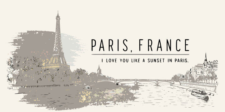 A vintage style illustration of the eiffel tower and paris cityscape