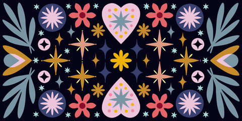 A colorful symmetrical pattern of floral and star like shapes on a dark background © Rakesh