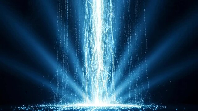 Abstract vertical light energy stream flowing downwards with sparkling particles on a dark background for technology use.