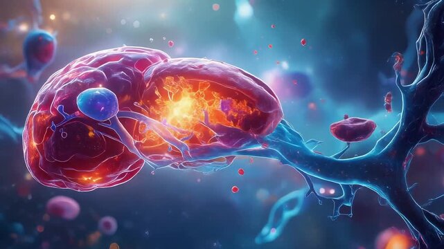 Neuron cell synapse illustration. Microscopic view of glowing brain cells, neurotransmitters, and electrical impulses. Scientific medical graphic for neurology and neuroscience research.