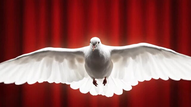 Majestic white pigeon soaring with outspread wings against a vibrant scarlet background, symbolic representation of peace, purity, and the holy spirit in graceful flight motion.