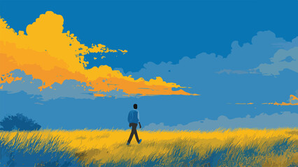 A lone figure walks through a golden field under a vast blue sky with orange clouds