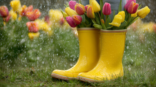 Playful spring rain boots with blooming tulips symbolizing freshness and renewal.