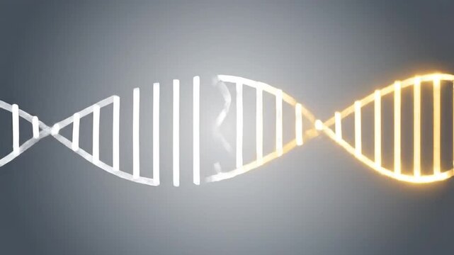 The video features an abstract animation illustrating DNA damage and repair. White DNA double helix strands break apart, glow orange/yellow signaling mutation or modification, and then attempt to rec