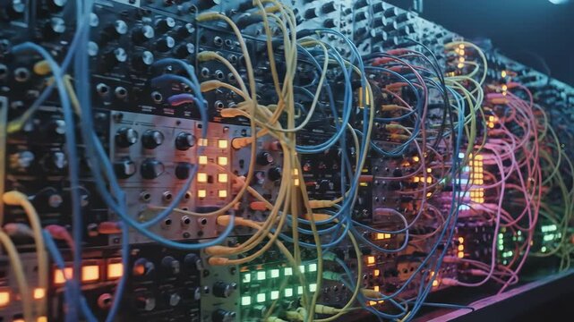 In a contemporary studio, complex synth equipment lights up with vibrant colors as tangled wires create an enchanting visual symphony of creativity and innovation.