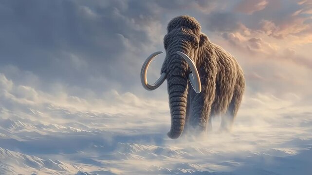 Woolly Mammoth in Foggy Snowy Mountain Landscape at Sunset