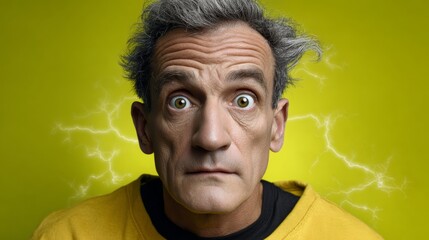 Obraz premium A man with a yellow shirt and gray hair is staring at the camera. The image has a bright and energetic feel to it, with the yellow background and the man's intense gaze