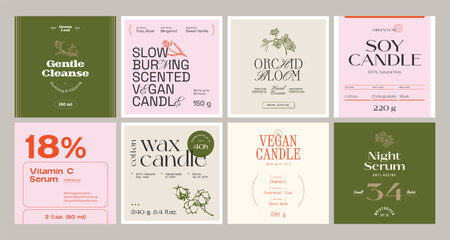 Whimsical beauty and cosmetics label collection featuring hand-drawn ink botanical sketches. Ideal for branding, packaging, and identity design.