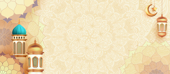 Eid Mubarak decoration banner with Ramadan lantern, mosque and mandala pattern