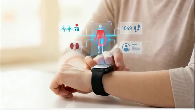 Person touching smartwatch with holographic human body model and fitness data. Futuristic concept of wearable technology, digital healthcare, activity tracking, and smart telemedicine for medical proj