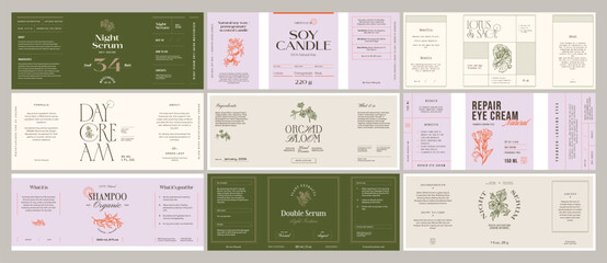 Whimsical beauty and cosmetics label collection featuring hand-drawn ink botanical sketches. Ideal for branding, packaging, and identity design. © iStarDesign