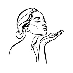 Dibujo con línea continua del retrato de una hermosa joven enviando un beso con la mano © teracreonte