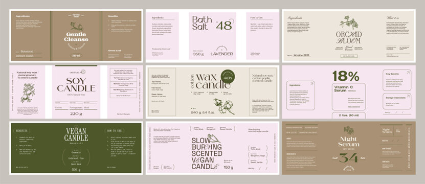 Whimsical beauty and cosmetics label collection featuring hand-drawn ink botanical sketches. Ideal for branding, packaging, and identity design.