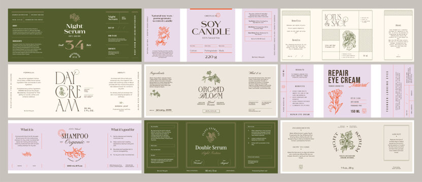 Whimsical beauty and cosmetics label collection featuring hand-drawn ink botanical sketches. Ideal for branding, packaging, and identity design.