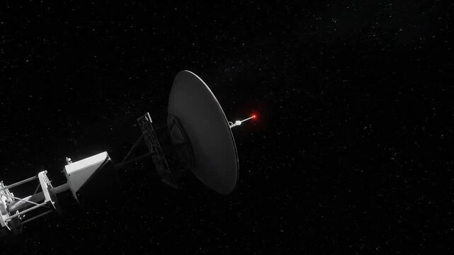 An animated sequence shows a spacecraft unfolding its massive parabolic communication dish over eight seconds in deep space. The large antenna rotates, revealing its detailed structure against the ba