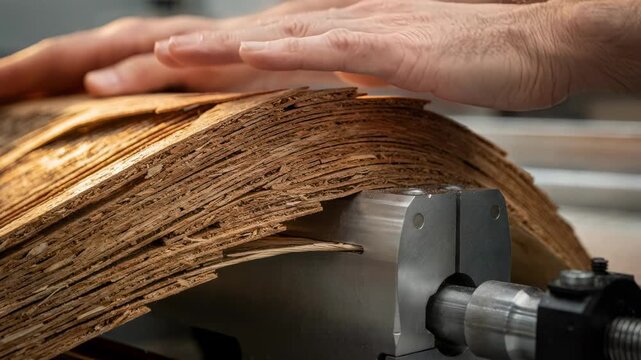 Closeup medium shot highlighting intricate details as woodfiber filament is shaped around a jig emphasizing craftsmanship in innovative composite fabrication.