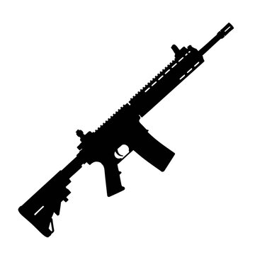 Black silhouette of a modern assault rifle isolated on white background.