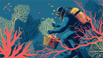 A diver collects coral and sea life in a basket amidst a vibrant coral reef
